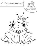 Vector dot-to-dot and color activity with cute frog prince. Magic kingdom connect the dots game for children with fantasy creature. Fairy tale coloring page for kids. Printable worksheet