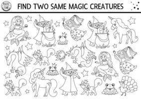 Find two same magic creatures. Black and white fairytale matching activity for children. Fantasy kingdom quiz worksheet or coloring page. Simple printable game with dragon, witch, unicorn vector