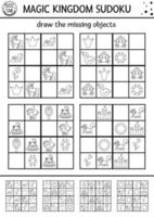 Vector fairytale black and white sudoku puzzle for kids with pictures. Simple line magic kingdom quiz. Education activity or coloring page with dragon, castle, unicorn. Draw missing objects