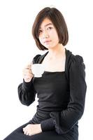 Woman holding coffee cup isolated on white photo