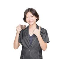 Young female short hair hold coffee cup photo