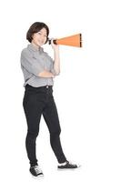 Young woman shouting for announce through a megaphone photo