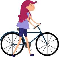 chica con bicicleta, ilustración, vector sobre fondo blanco.