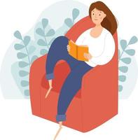 A cute girl in a white sweater sits in a red chair and reads a book. Vector flat illustration.