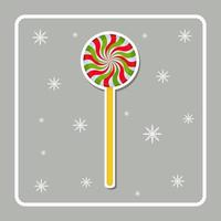 Cute Christmas card with lollipop on stick. Winter sticker. Sweet Christmas treats, candy, food. Greeting card, frame for Christmas, New Year. Winter Holiday Decoration. Bright Vector illustration