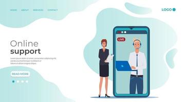 Online support.A woman communicates with a man via the support hotline.Online consultant, customer support service, support service operator.The template of the landing page. vector