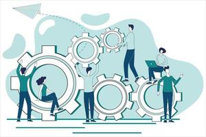 SEO promotion.Business solutions, Analytics and marketing optimization.The people on the background of the large gears,team work and finding solutions to the business.Flat vector illustration