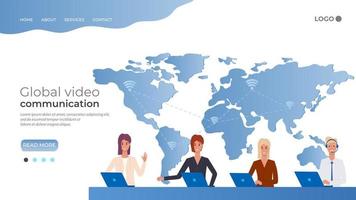 Global video communication.Using the world of Internet communications.Remote communication, video conferencing, telecommuting freelance and online meetings.People on the background of the earth map. vector