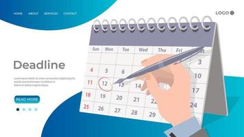 The hand of a businessman making notes in the calendar.Deadline and task scheduling.Calculation of the remaining days.Flat vector illustration.The template of the landing page.