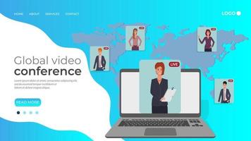 Global video conference.People communicate with each other from different parts of the world.The concept of a global digital network.Flat vector illustration.The template of the landing page.