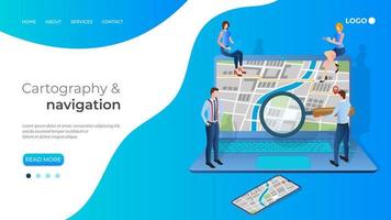 People study navigation maps on a laptop screen.Modern technologies in cartography and navigation.3D image.The template of the landing page. vector