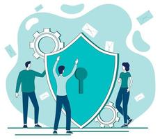 Data protection.Secure Internet connection, secure messenger,personal data protection.People on the background of a large shield as a metaphor for protection.Flat vector illustration