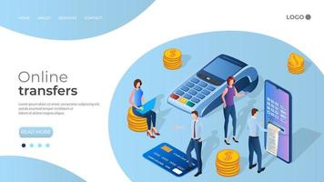 Online transfers.People on the background of a smartphone and a payment terminal are engaged in transferring Bank funds.The concept of online banking and transfers via the Internet.3D illustration. vector