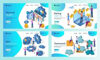 A set of landing page templates.Rating Agency, SEO promotion, Teamwork.Templates for use in mobile app development.Flat vector illustration.