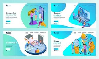 un conjunto de plantillas de página de destino. pagos seguros, actualizaciones del sistema, trabajo en equipo, control de tiempo. plantillas para usar en el desarrollo de aplicaciones móviles. ilustración vectorial plana. vector