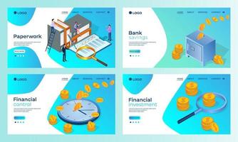 A set of landing page templates.Office management, Banking, Financial control, Financial investments.Templates for use in mobile app development.Flat vector illustration.