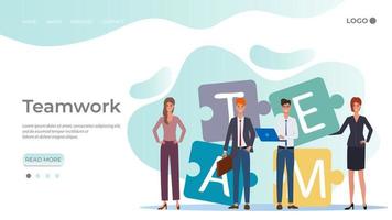 Team,teamwork.People stand against the background of the puzzle elements.The concept of partnership, cooperation and business activity.The template of the landing page. vector