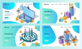 A set of landing page templates.Time management, Financial Analytics, Office work.Templates for use in mobile app development.Flat vector illustration.