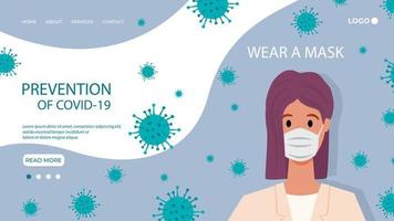 Wearing a medical mask.Safety measures during the coronavirus and flu pandemics.The concept of protection in covid19. Flat vector illustration.The template of the landing page.