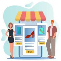 A young man and a woman make purchases in an online store using a smartphone.The concept of online trading and online payments.Flat vector illustration.