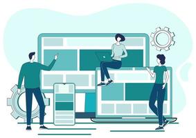 Diseño web receptivo. Las personas desarrollan una interfaz de sitio web receptivo. Diseñador ui ux. El concepto del proceso de formación de un producto creativo. Desarrollo de diseño para múltiples dispositivos. vector