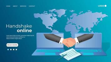 Business negotiations online.Handshake online.The signing of the contract with the help of online connection.The concept of modern business technologies.3D image.The template of the landing page. vector