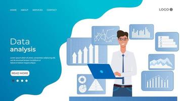 un hombre de negocios está trabajando en una computadora portátil con una infografía en segundo plano. coworking de trabajo de oficina y el concepto de análisis de datos. ilustración vectorial plana. la plantilla de la página de inicio. vector