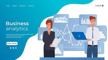 Business analytics.A young man and a woman work in an office with an infographic in the background.Office work, co-working, study of business projects.The template of the landing page. vector