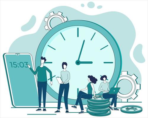 Deadline and time control.Business organization process, business people working together, working overtime under deadline conditions.People and a large watch with a smartphone showing the time.