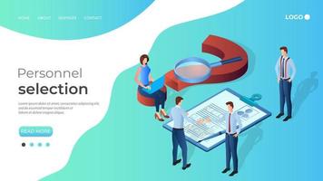 Personnel selection.People on the background of a large question mark.Concept of questions asked when applying for a job.Isometric vector illustration.The template of the landing page.