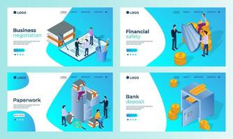 A set of landing page templates.Business negotiations, Financial security, office Management, Bank Deposit .Templates for use in mobile app development.Flat vector illustration.