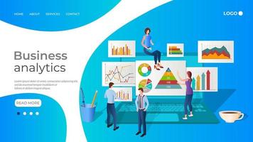 Business analytics.Businessmen study the infographic on the laptop.The concept of teamwork, the use of modern technologies.E-learning webinar for students.Online video training.3D illustration vector