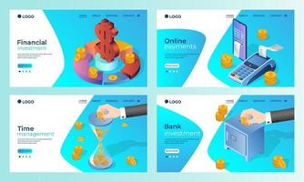 A set of landing page templates.Financial investments, Online payments, Time management, Bank investments.Templates for use in mobile app development.Flat vector illustration.