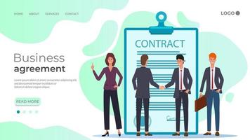 Business agreement.Young businessmen agree to sign a contract.The handshake, the signing of the Treaty negotiations..You can use it for web design.The template of the landing page. vector