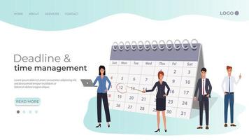 Deadline and time management.People assign tasks with a dedicated deadline in the calendar.People in the background of a large calendar.The template of the landing page. vector