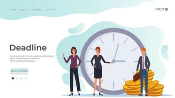 Deadline.People distribute tasks and check them against the clock.Time management and teamwork.People on the background of large watches and coins.The template of the landing page. vector