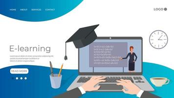 Online education, E-learning.Teacher leading the lesson on the laptop screen.Home education, distance learning, and passing exams.Online courses and advanced training.Flat vector illustration.