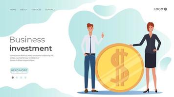 Business investment.Businessmen stand near a large coin with a dollar symbol.The concept of saving, earning and investing money in business projects.flat  illustration isolated on a white background. vector