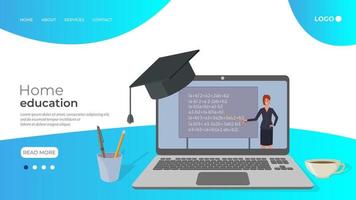 Online education, e-learning.Teacher leading the lesson on the laptop screen.Home education, distance learning, and passing exams.Online courses and advanced training.Flat vector illustration.