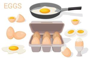 Chicken eggs.A set of different chicken egg dishes.Fried eggs in a frying pan, boiled eggs, crumpled eggs,Eggs in a container and fresh eggs.Flat vector illustration.