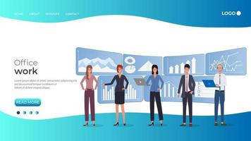 Business people engaged in the study of infographics.Teamwork, brainstorming, and searching for ideas.Annual account.Office work and coworking.The template of the landing page. vector