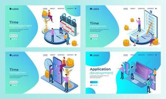 A set of landing page templates.Time management, application Development.Templates for use in mobile app development.Flat vector illustration.