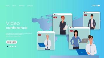 Online video conference.Teamwork between the businessmen and business women.Remote work, online training, freelancing, and virtual communication in self-isolation.The template of the landing page. vector