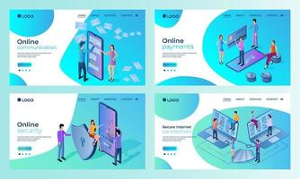 un conjunto de plantillas de página de destino. comunicación en línea, pagos en línea, seguridad en línea. plantillas para usar en el desarrollo de aplicaciones móviles. vector