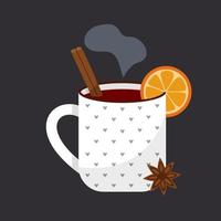 A cup of mulled wine with orange, star anise and a cinnamon. White mug with hearts on a black background. Hot drink. vector