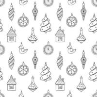 Seamless vector pattern with black christmas toys, decorations on a white background. Graphic print in doodle style.