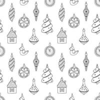 Seamless vector pattern with black christmas toys, decorations on a white background. Graphic print in doodle style.