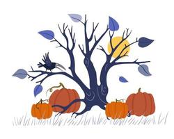 escena de halloween árbol aterrador con ramas, un cuervo, luna y calabazas aisladas en un fondo blanco. vector