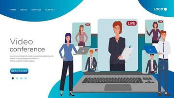 People hold a group meeting via video conference.Freelance remote work with the use of new technologies.You can use it for web design.Landing page template. vector