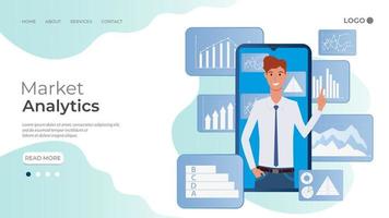 análisis de mercado. el empresario participa en la evaluación de oportunidades de mercado. empresario y teléfono inteligente en el fondo de la infografía. la plantilla de la página de inicio. vector